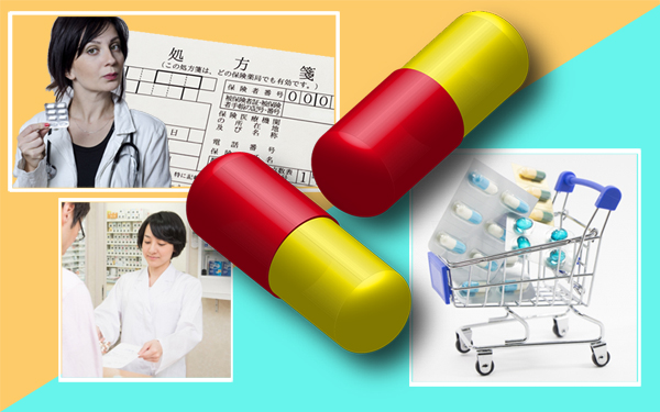 【薬の種類をイメージ】医師と処方箋、患者へ薬を手渡す薬剤師、カートに入ったOTC薬